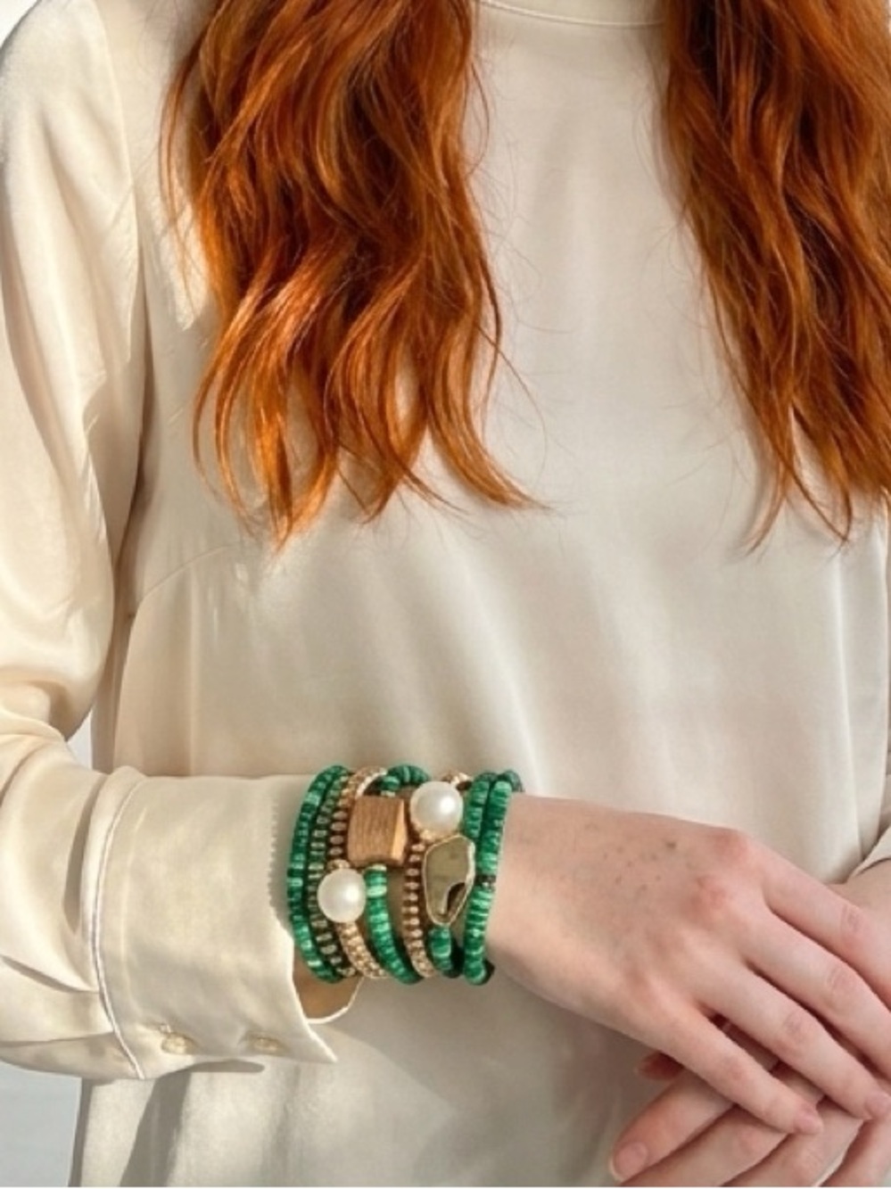 Green Beaded Wrap Bracelet with Pearl & Gold Accents